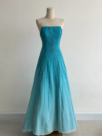 Niulatu Strapless A-Line Long Prom Dresses Beaded Chiffon Blue Formal Dresses Vintage Evening Dresses HZ1026